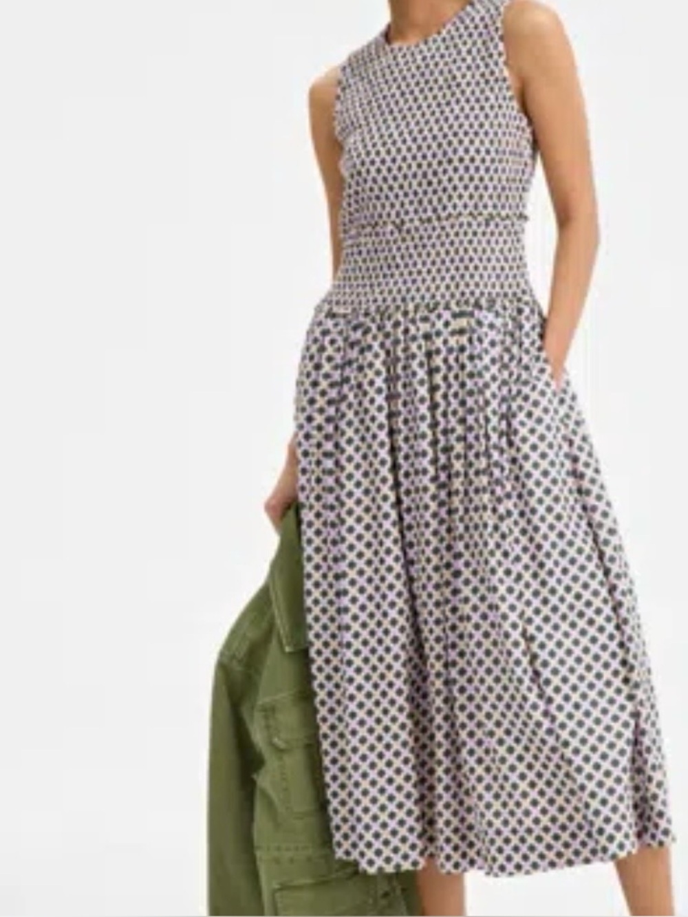 ON 34th Smocked Geo Print Midi Dress XL Cotton Modal Pockets Cottagecore